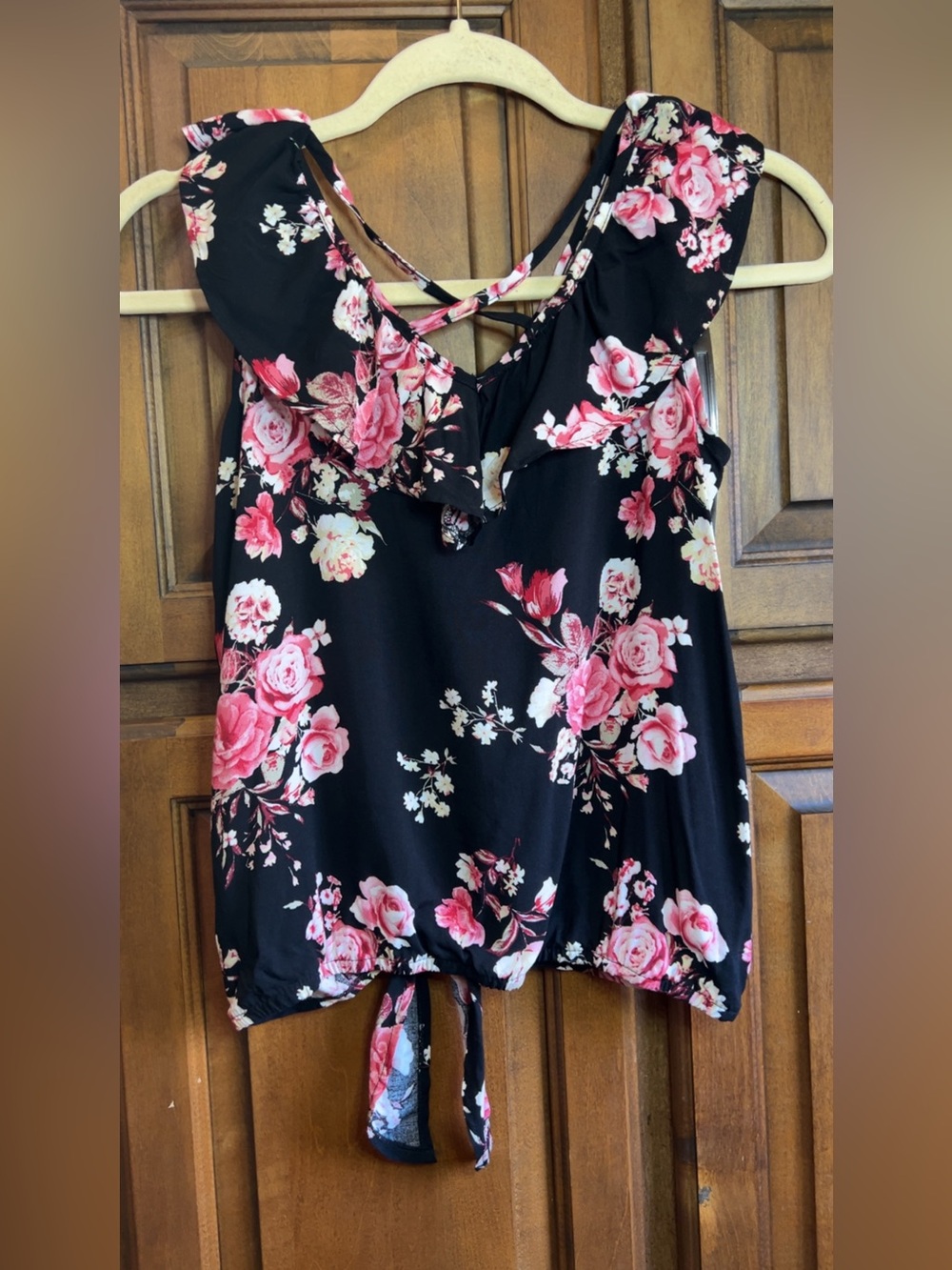 No Boundaries Multi Color Floral Rayon Blouse w/ Ruffle Collar Trim SZ XS - Picture 4 of 6